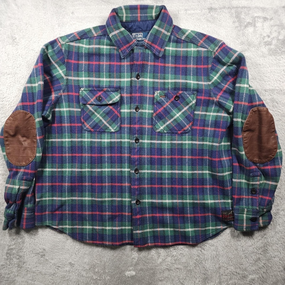 Polo Ralph Lauren Shirt Mens 2XL Blue Green Plaid Flannel Elbow Patch Outdoor